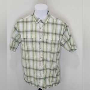 prAna Mens XL Shirt Pearl Snap Button Up Short Sleeve Green Plaid Hiking Camping